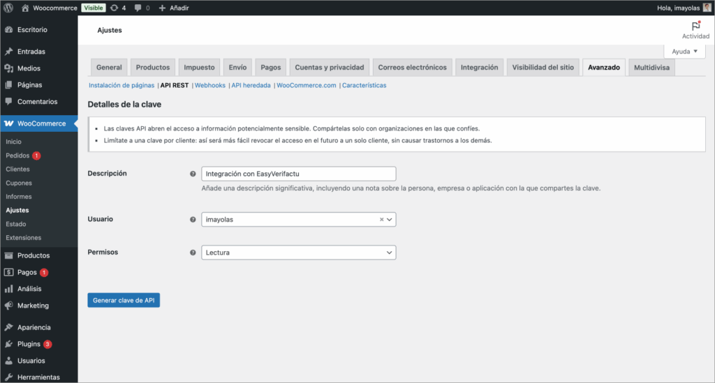 Añadir clave API a WooCommerce
