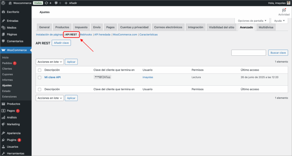 Wordpress > Woocommerce > Ajustes > Avanzado > Claves API