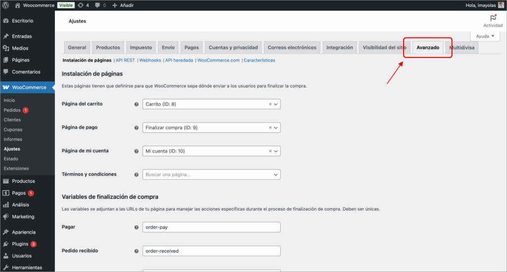 Wordpress > Woocommerce > Ajustes > Avanzado