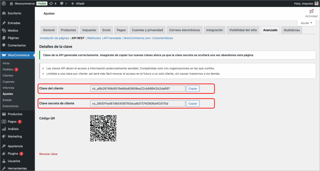 Clave de cliente y secreta de cliente en WooCommerce